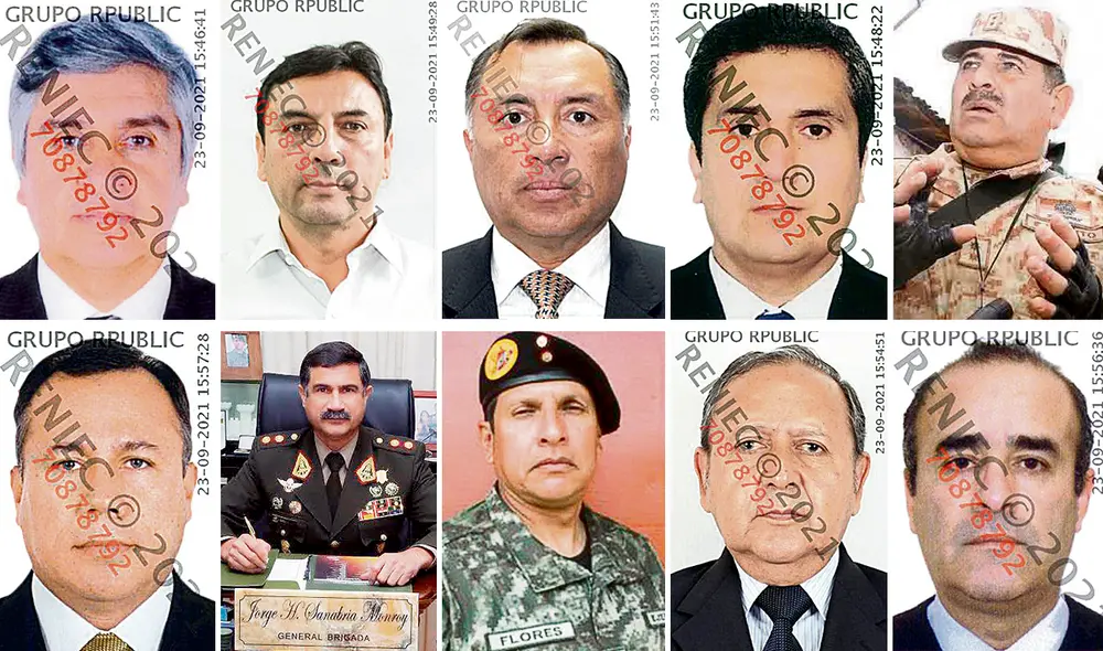 De izq. a der. superior: general EP (r) Hugo Cornejo Valdivia, exdirector encargado DINI; Coronel FAP (r) Christian Schambaher Céspedes, exdirector de Contrainteligencia; contralmirante AP (r) Aníbal Cueva López, exasesor de Alta Dirección; coronel FAP (r) Wilder Leiva Eyzaguirre, exdirector de Inteligencia; general de brigada EP (r) Óscar Delgado Delgado, exjefe de Enlace DINI. De izq. a der. inferior: coronel FAP (r) Ricardo Alviar Calle, exjefe de Seguridad Digital; general EP (r) Jorge Sanabria Monroy, exasesor de Alta Dirección; general EP (r) Carlos Flores Cabrera, exasesor de Alta Dirección; comandante EP (r) Daniel Pabón Salas, exasesor de contrainteligencia; y mayor EP Walter de la Torre Cueto, exasesor de Alta Dirección. Foto: composición LR