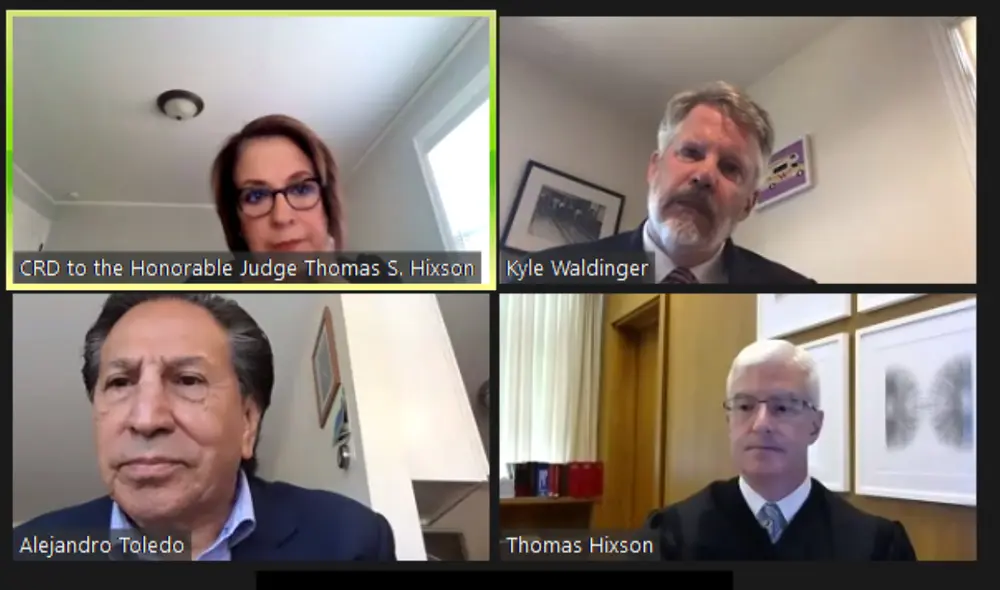 Alejandro Toledo durante la videoconferencia en Estados Unidos. Juez Hixson decidirá su extradición en los siguientes días. Foto: Captura de Zoom.