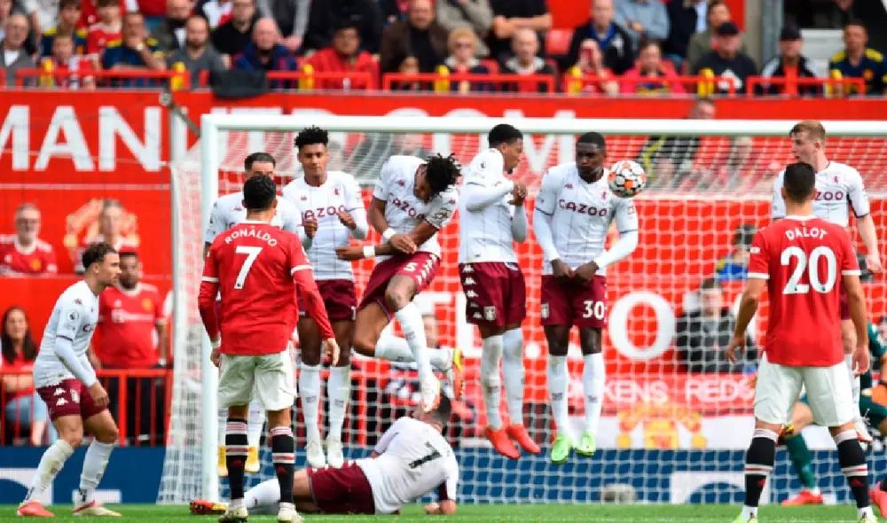 Los futbolistas del Aston Villa defienden un disparo de Cristiano Ronaldo. Foto: EFE Los futbolistas del Aston Villa defienden un disparo de Cristiano Ronaldo. Foto: EFE