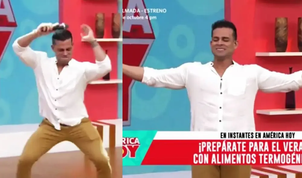 Christian Domínguez baila para celebrar su regreso a América hoy. Foto: captura de América TV
