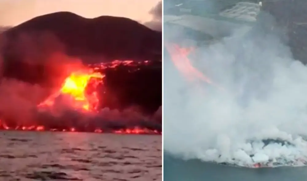 La llegada de la lava del volcán Cumbre Vieja al mar en la isla La Palma. Foto: captura-Infobae / Video: AFP