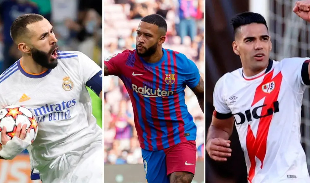 Benzema, Depay y Falcao son goleadores en LaLiga Santander. Foto: composición EFE Benzema, Depay y Falcao son goleadores en LaLiga Santander. Foto: composición EFE