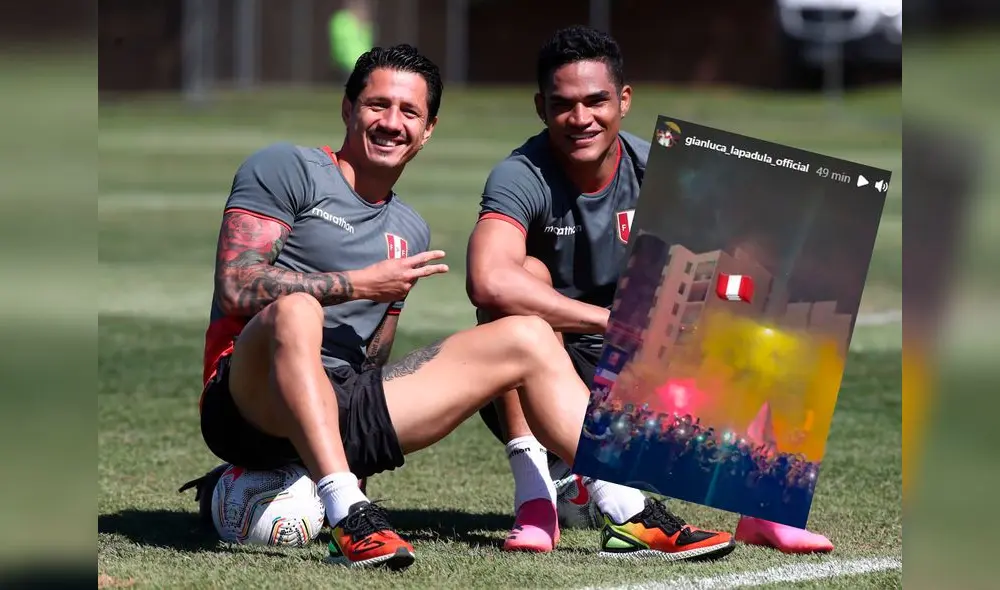 Gianluca Lapadula presencio el tradicional banderazo de la hinchada peruana. Foto: Composición/FPF