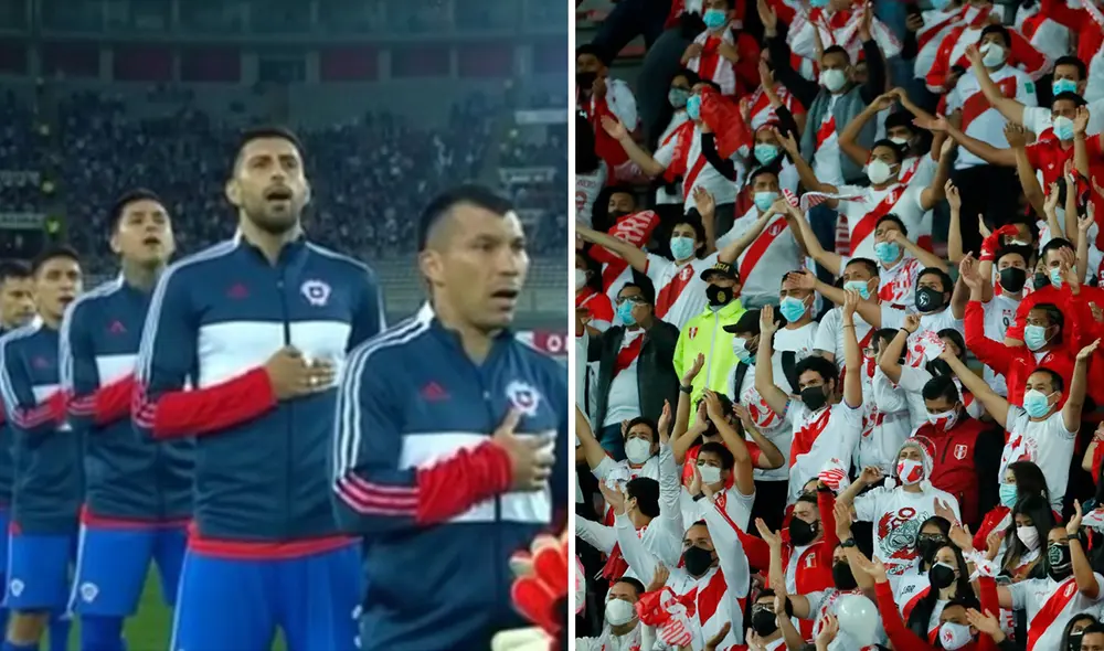 Los jugadores de la selección chilena tuvieron que cantar su himno en medio de pitidos y pifias del público peruano. Foto: composición EFE/captura de video Los jugadores de la selección chilena tuvieron que cantar su himno en medio de pitidos y pifias del público peruano. Foto: composición EFE/captura de video