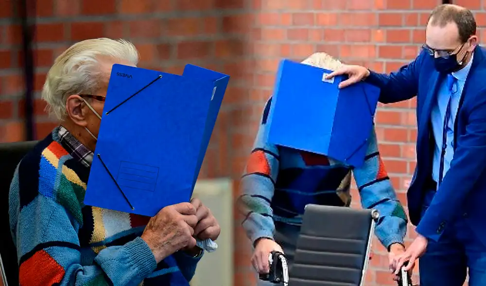 Josef S. recibe ayuda de su abogado Stefan Waterkamp (a la derecha) para esconder su rostro cuando llega para su juicio en Brandenburg an der Havel. Foto: AFP