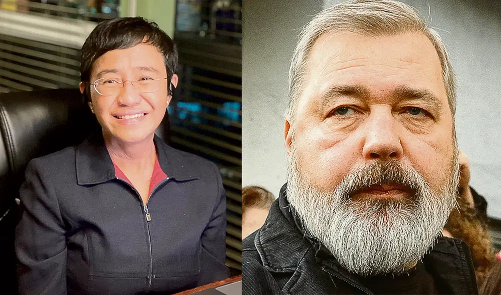 Maria Ressa, de filipinas, reveló los abusos de la dictadura y Dmitry Muratov, de Rusia, dedicó el premio a colegas asesinados. Foto: EFE / composición LR