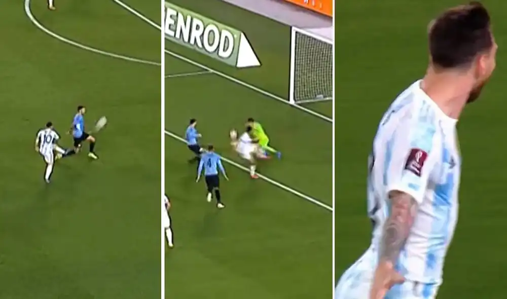 Messi manda un centro buscando a un compañero pero la pelota termina ingresando en la portería de Uruguay. Foto: captura video TV Pública