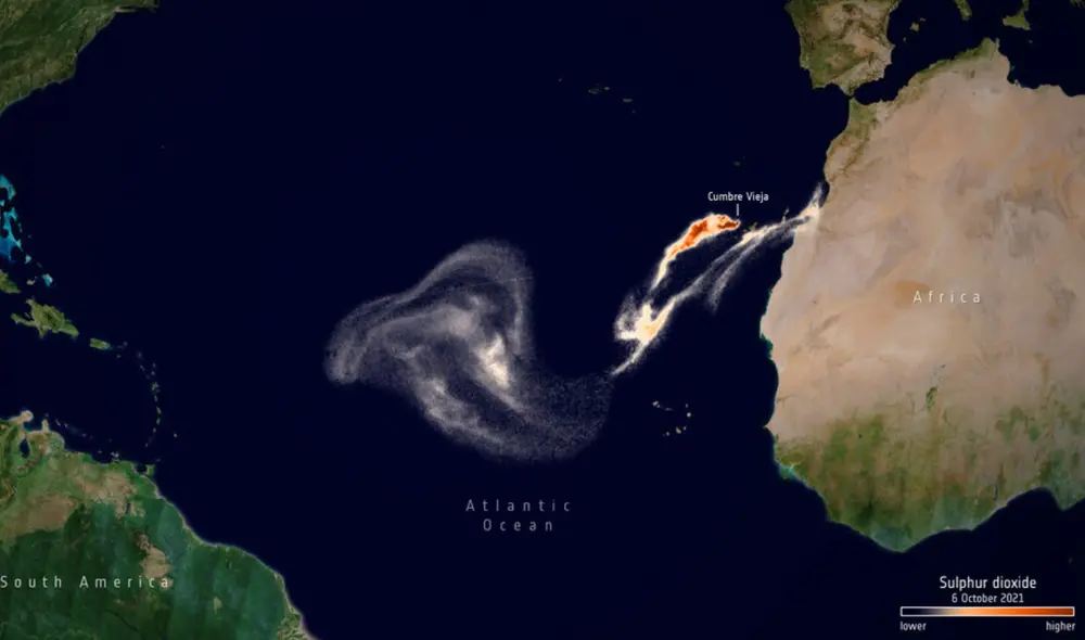 El nuevo río de lava del volcán Cumbre Vieja. Foto: Copernicus / ESA El nuevo río de lava del volcán Cumbre Vieja. Foto: Copernicus / ESA