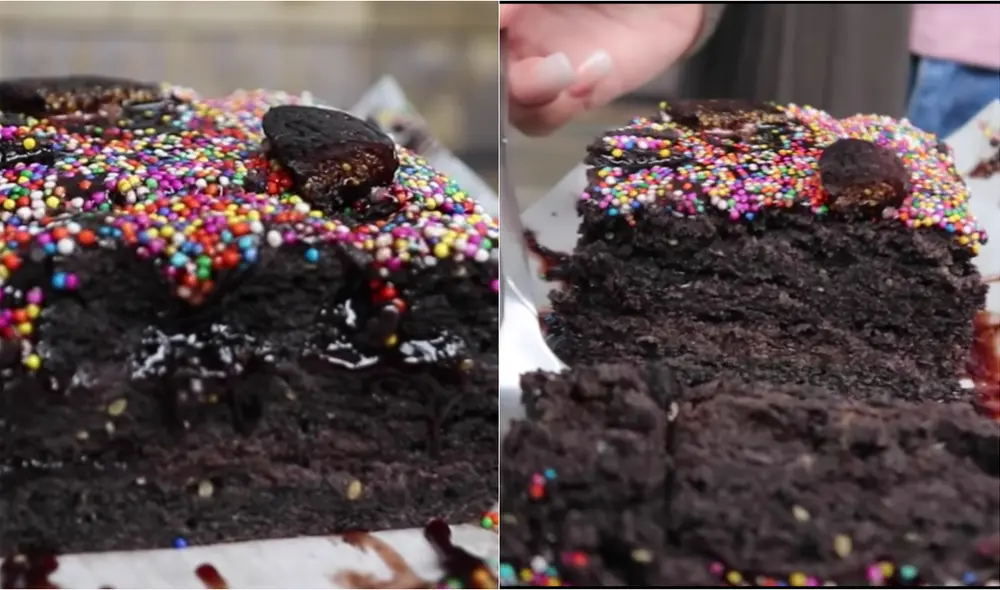 A simple vista tiene la apariencia de una torta de chocolate y un ligero sabor a maíz morado, según el canal de YouTube llamado Desbalanceados. Foto: captura de video de YouTube