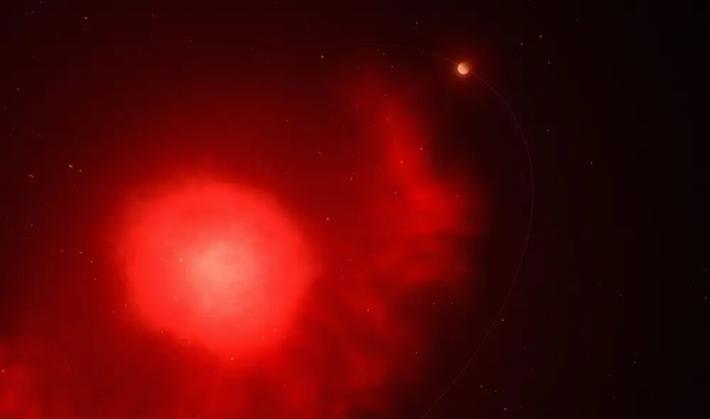 Representación de la estrella en su fase de gigante roja mientras expulsa sus capas (el gas llega hasta el planeta) antes de convertirse en una enana blanca. Imagen: Observatorio WM Keck / Adam Makarenko