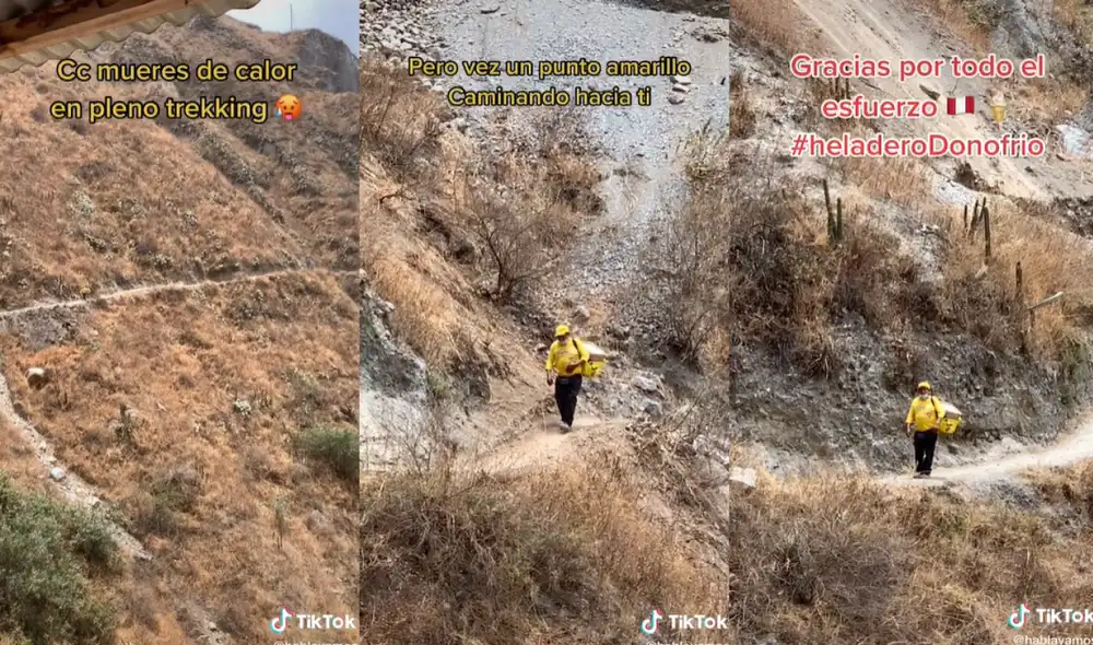 La larga caminata accidentada no fue impedimento para el heladero, ya que al llegar al puesto de descanso de los turistas pudo ofrecer sus productos. Foto: captura de TikTok