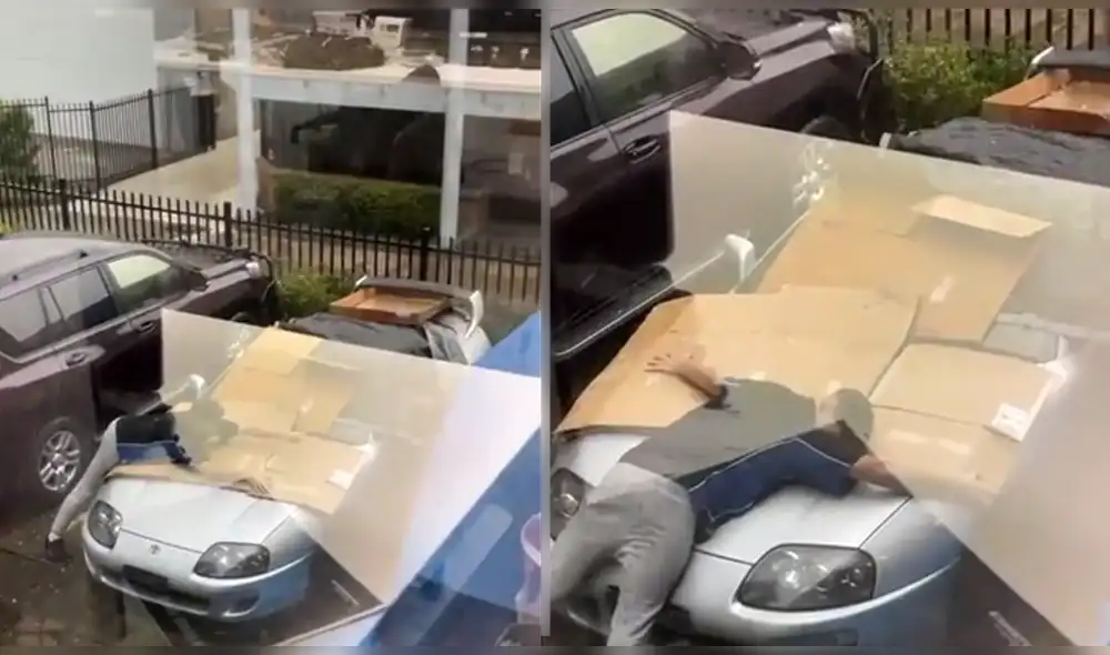 En el intento de proteger su auto deportivo, este joven decide lanzarse sobre él. Foto: captura de TikTok En el intento de proteger su auto deportivo, este joven decide lanzarse sobre él. Foto: captura de TikTok