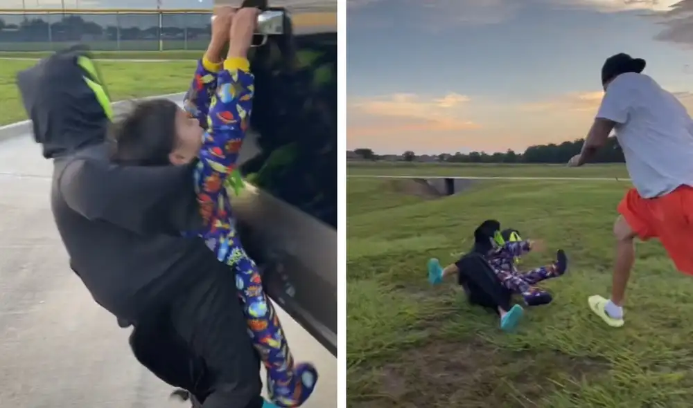 El niño pide ayuda a su papá, quien se presta para la escena y persigue al menor disfrazado. Foto: captura de TikTok