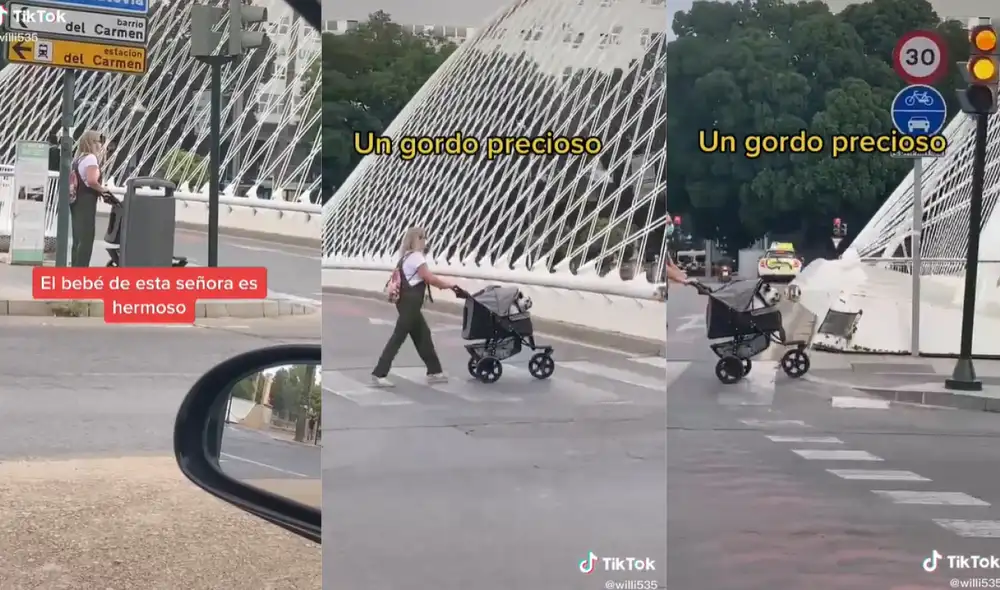 La mujer caminaba por las calles de Murcia en España llevando consigo a su engreído en su cochecito. Foto: captura de TikTok
