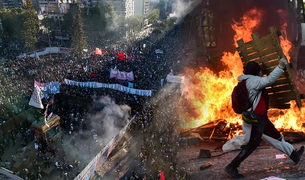 A lo largo de todo Chile: Manifestantes comienzan a repletar las calles en la conmemoración del 18-0. Foto: composición/AFP A lo largo de todo Chile: Manifestantes comienzan a repletar las calles en la conmemoración del 18-0. Foto: composición/AFP