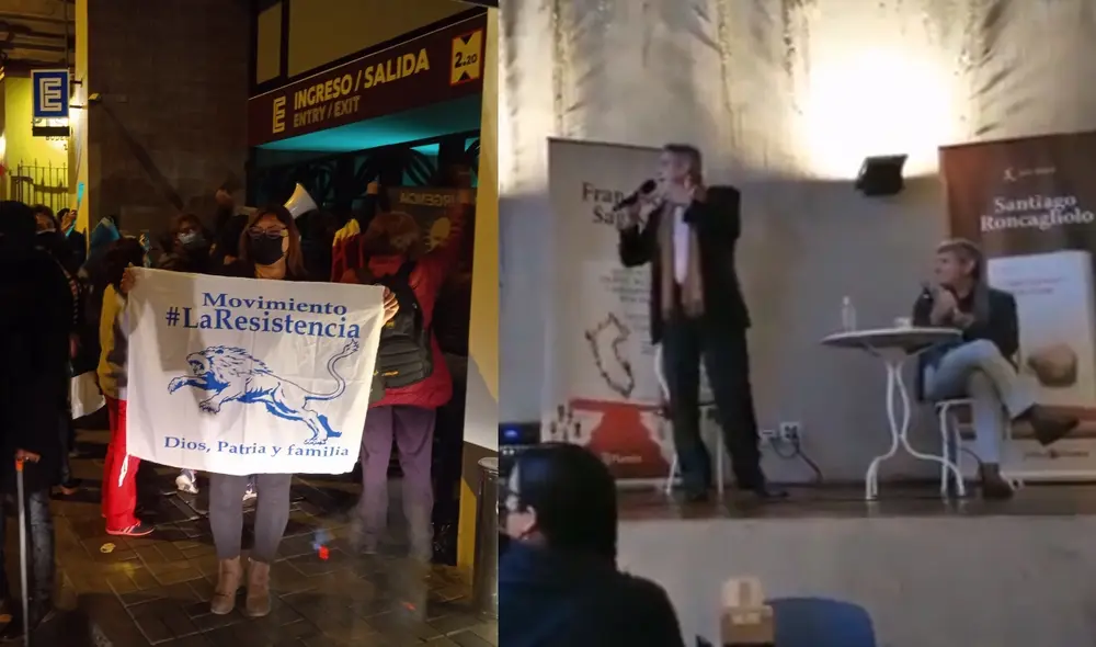 De acuerdo con la directora de Planeta, cerca de 60 miembros de La Resistencia bloquearon las salidas del evento que contaba con la presencia de Francisco Sagasti y Santiago Roncagliolo. Foto: composición/captura de Twitter De acuerdo con la directora de Planeta, cerca de 60 miembros de La Resistencia bloquearon las salidas del evento que contaba con la presencia de Francisco Sagasti y Santiago Roncagliolo. Foto: composición/captura de Twitter