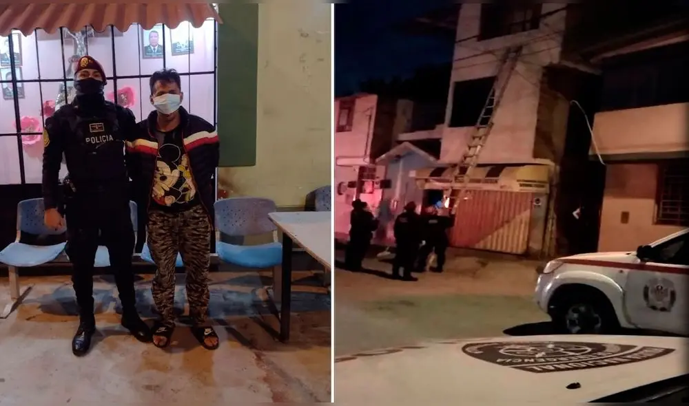 Policías usaron una escalera para rescatar a la víctima y detener al individuo. Foto: PNP Policías usaron una escalera para rescatar a la víctima y detener al individuo. Foto: PNP