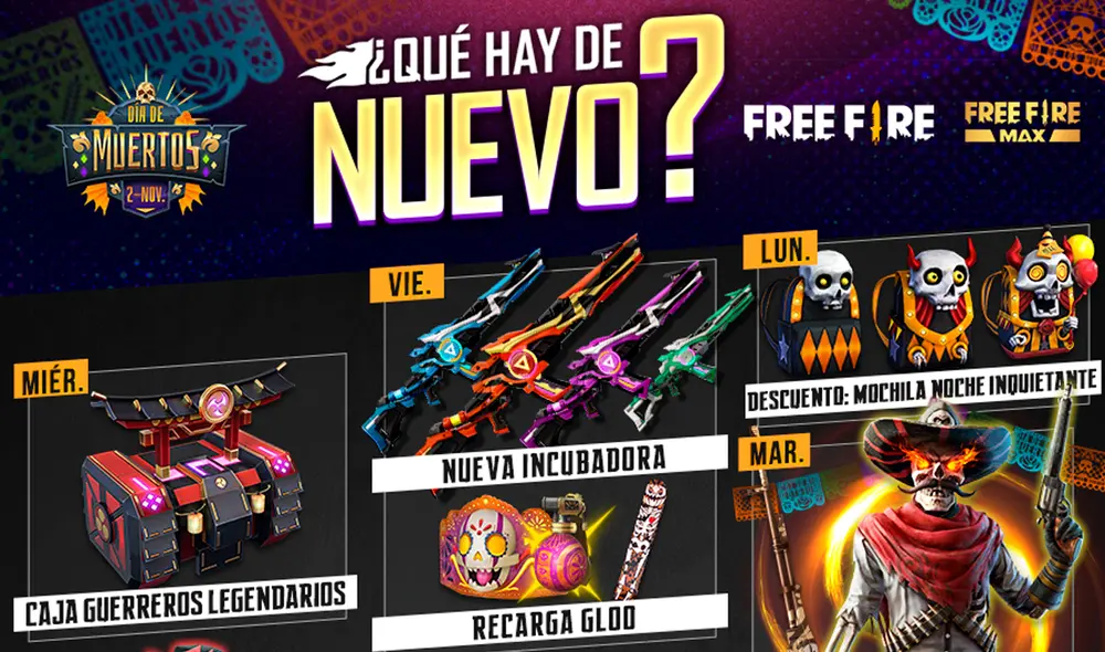 La nueva agenda semanal de Free Fire incluye contenido temático del evento del Día de los Muertos. Foto: Garena