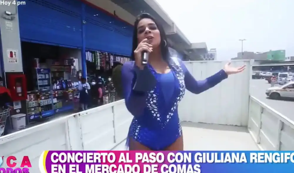 Giuliana Rengifo canta y baila en mercado Unicachi para secuencia especial de En boca de todos. Foto: captura de América TV