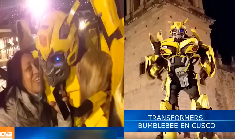 Turistas y ciudadanos se tomaron fotografías con Bumblebee  en el Cercado de Cusco. Foto: TV Mundo