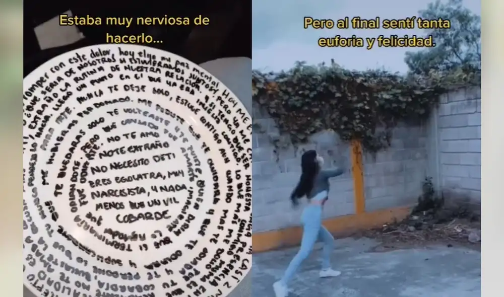 El plato lleno de mensajes fue finalmente lanzado contra una pared por la joven. Foto: captura de TikTok El plato lleno de mensajes fue finalmente lanzado contra una pared por la joven. Foto: captura de TikTok