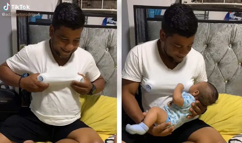 Bebé se alimentó del "pecho" de su papá como si se tratase de su mamá. Foto: captura de TikTok