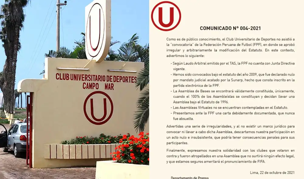 Universitario de Deportes se mostró en desacuerdo con FPF tras la aprobación de nuevos estatutos. Foto: Universitario de Deportes/Twitter