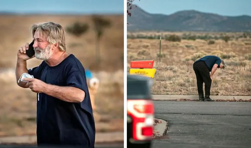 Desesperado. Alec Baldwin en momento de ofuscación minutos después de suceder el accidente. Foto: difusión Desesperado. Alec Baldwin en momento de ofuscación minutos después de suceder el accidente. Foto: difusión
