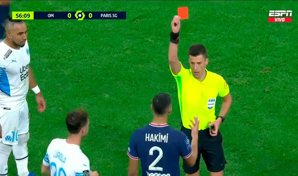Achraf Hakimi fue expulsado en el clásico PSG vs. Marsella. Foto: ESPN