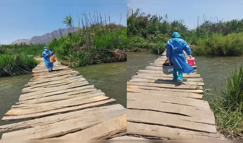 Brigada de EsSalud cruza puente de madera de Chumbeñique para vacunar a pobladores de zona rural de Cayaltí. Foto: EsSalud. Brigada de EsSalud cruza puente de madera de Chumbeñique para vacunar a pobladores de zona rural de Cayaltí. Foto: EsSalud.