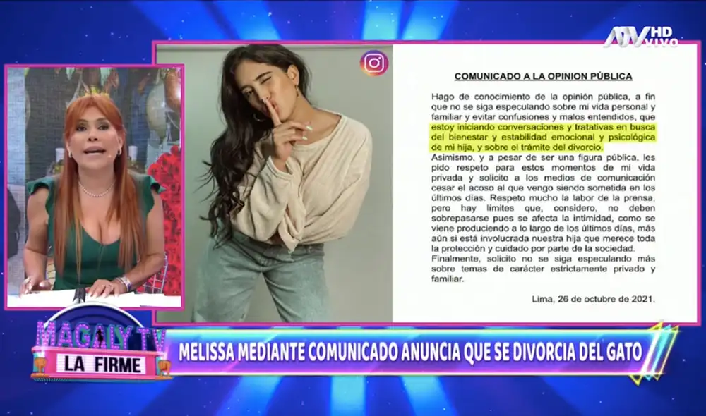 La presentadora de televisión habló fuerte y claro sobre el comunicado de Melissa Paredes. Foto: captura Magaly TV, la firme. La presentadora de televisión habló fuerte y claro sobre el comunicado de Melissa Paredes. Foto: captura Magaly TV, la firme.