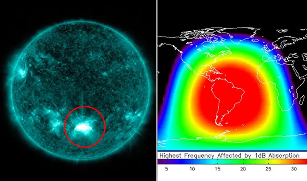 Momento en que el Sol expulsó la llamarada solar este 28 de octubre y el sector de la atmósfera donde el flujo de rayos X impactó con mayor intensidad. Imágenes: NASA / NOAA Momento en que el Sol expulsó la llamarada solar este 28 de octubre y el sector de la atmósfera donde el flujo de rayos X impactó con mayor intensidad. Imágenes: NASA / NOAA