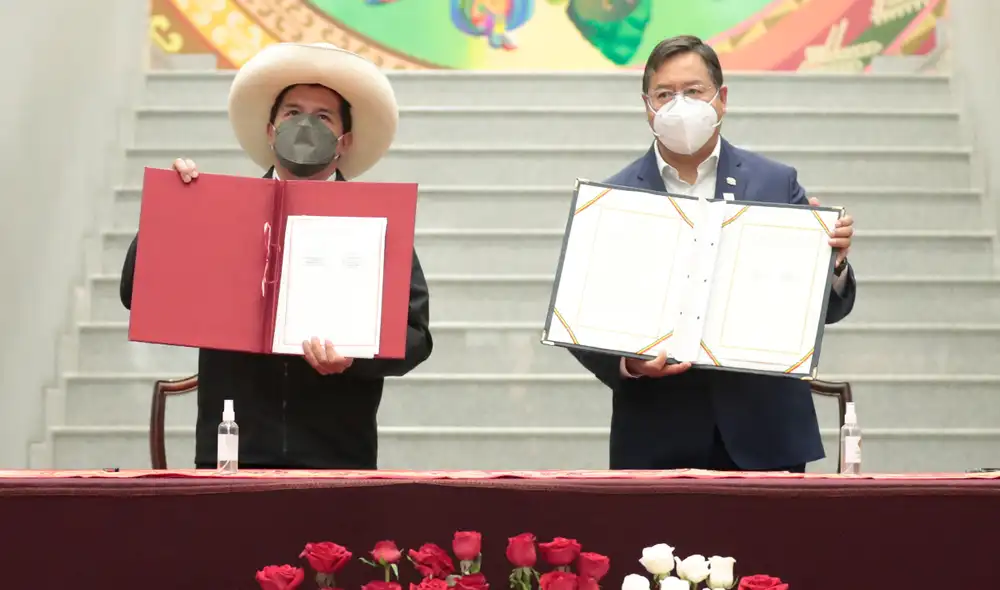 Pedro Castillo junto a su par boliviano Luis Arce durante el gabinete binacional. Foto: Presidencia