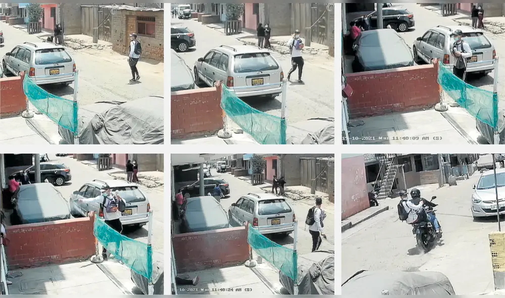 Crimen en Barrios Altos. Aparece en el jirón Amazonas un sicario con polo blanco, buzo negro y gorra. recorre la cuadra y luego retorna. Llega hasta la Mz A, lote 4, conversa apenas con Antonia Hinostroza y le dispara a quemarropa. Luego huye en una moto con un cómplice que lo esperó. Foto: Composición LR