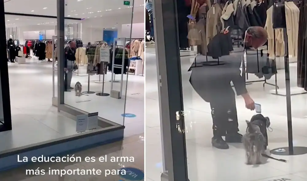 Un asistente al centro comercial se percató de este tierno hecho y grabó al señor mientras demostraba su empatía hacia el cachorro. Foto: captura de TikTok