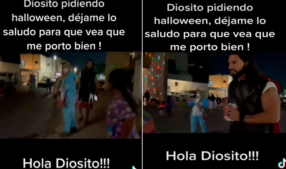 Un joven iba vestido de gladiador. Caminaba junto con su novia por dicha calle, hasta que un pequeñito llamó su atención. “Hola, diosito”, gritó un par de veces la inocente criatura. Foto: captura de TikTok