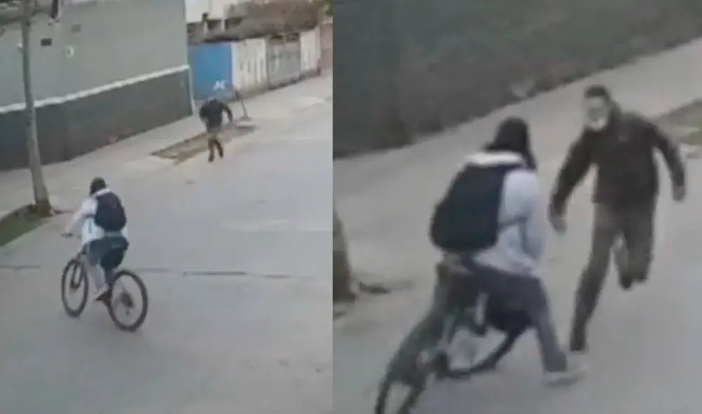 En un acto arriesgado, la joven ciclista decide atropellar al delincuente para luego perseguirlo al lado de la víctima. Ambas lograr acorralarlo. Foto: captura de América TV
