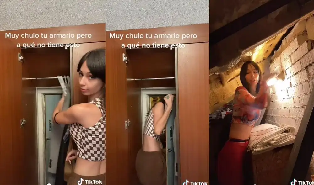 El cuarto oculto en el armario es usado como un depósito para guardar la ropa que la joven ya no usa. Foto: captura de TikTok El cuarto oculto en el armario es usado como un depósito para guardar la ropa que la joven ya no usa. Foto: captura de TikTok