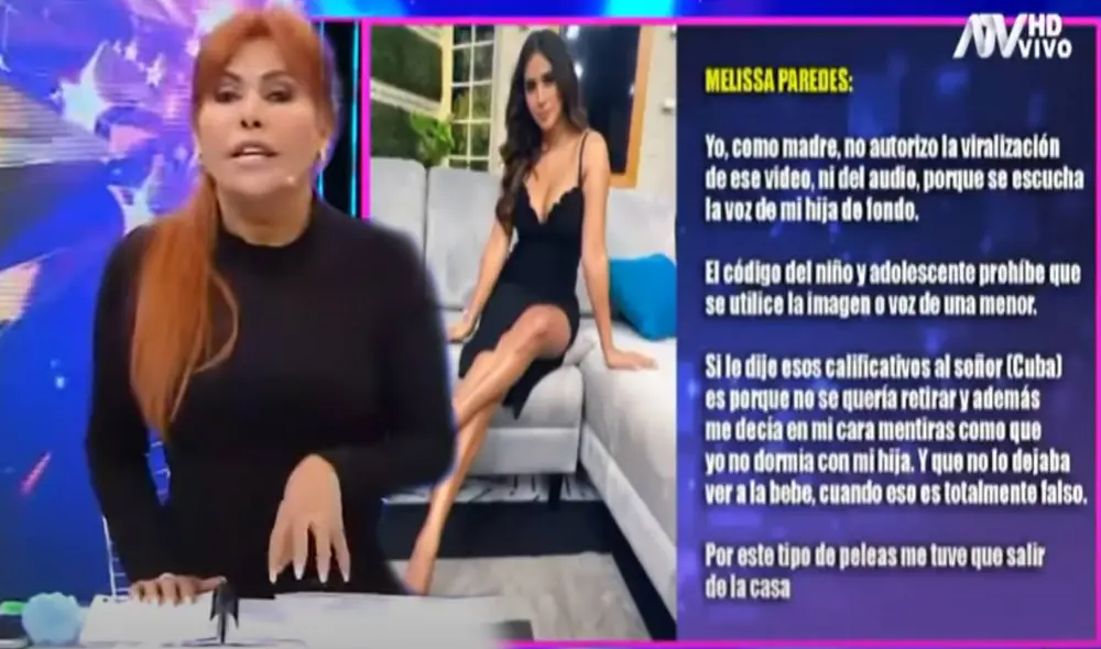 Antes del comunicado, Magaly Medina solo difundió una parte del audio de Melissa Paredes y Rodrigo Cuba. Foto: captura ATV Antes del comunicado, Magaly Medina solo difundió una parte del audio de Melissa Paredes y Rodrigo Cuba. Foto: captura ATV