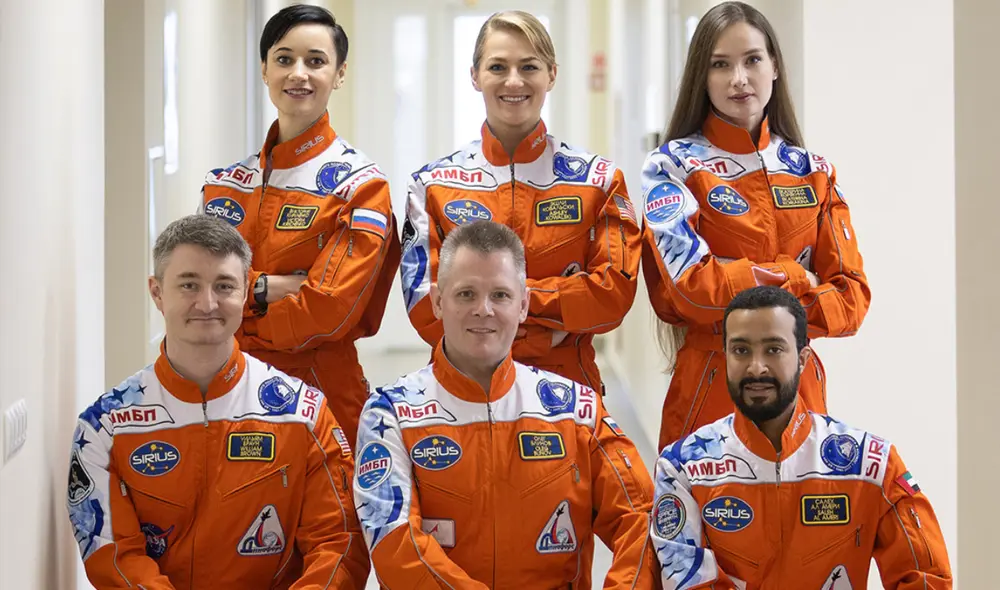 Los seis investigadores voluntarios de Rusia, EE. UU. y Emiratos Árabes Unidos que participan en SIRIUS-2021. Foto: Internacional Project Medicine And Biology Analog Research