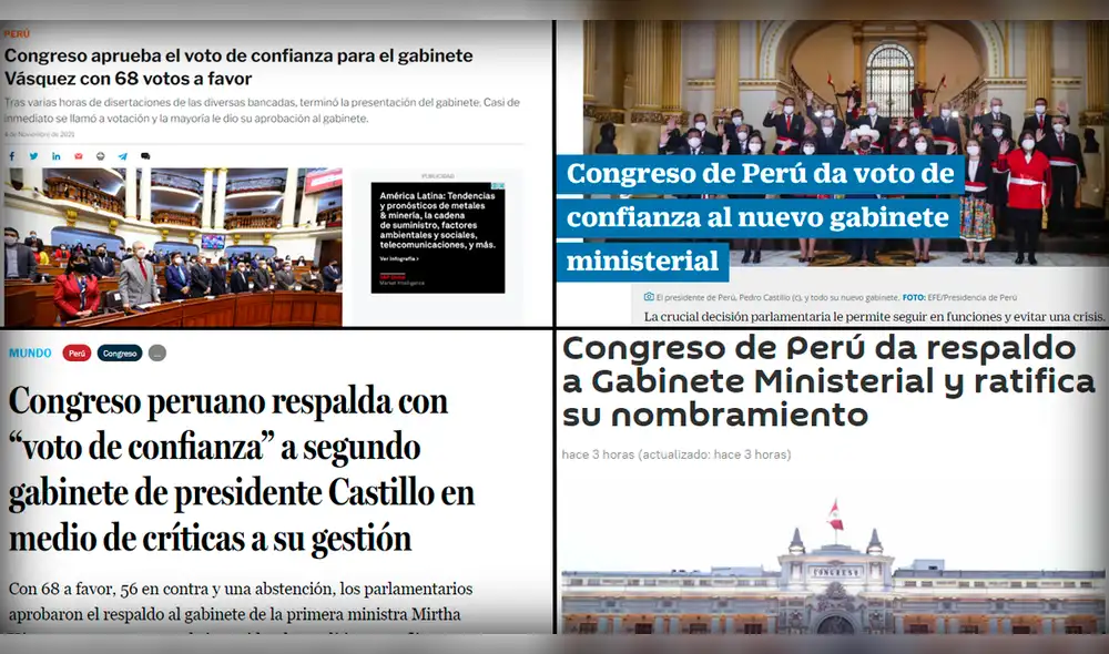 Los medios internacionales informaron sobre el voto de confianza otorgado al gabinete Vásquez. Foto: composición/La República