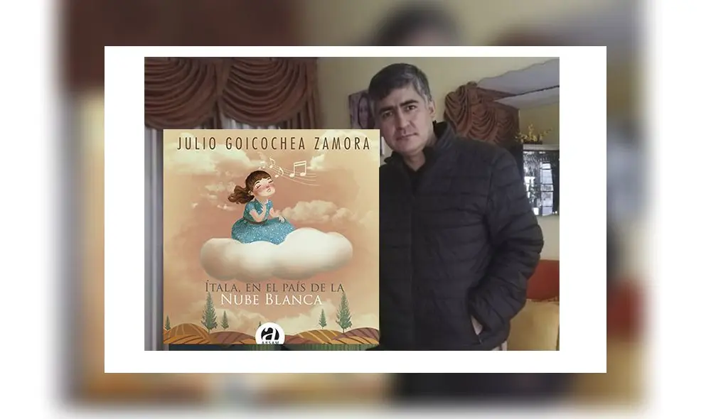 Escritor cajamarquino Julio Goicochea. Al lado, portada de su libro dedicado para niñas y niños.