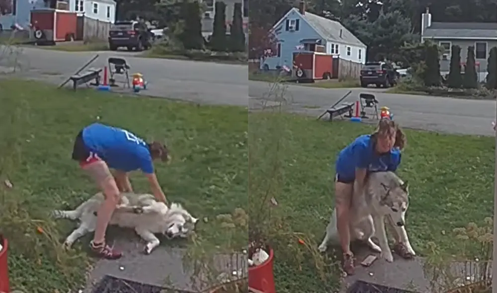 La mujer cargando a un gran perrito de raza husky siberiano. Foto: captura de YouTube