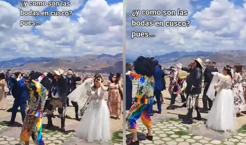Con danzantes de Majeño y Qhapaq Qolla, los esposos e invitados se divirtieron bailando. Foto: captura de TikTok
