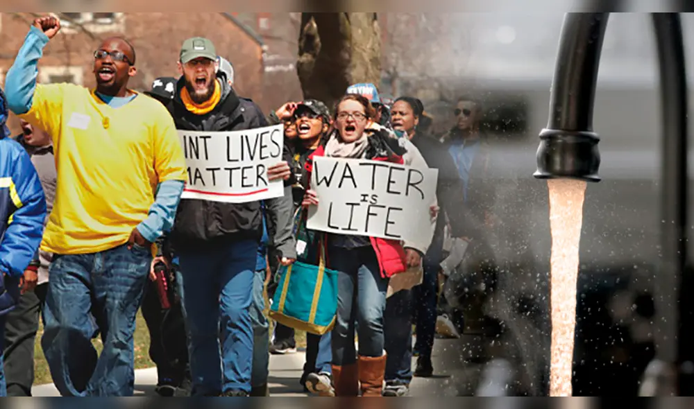 Los residentes de Flint marchan en por los problemas del agua en su comunidad. Foto: composición/ Dave Olds-Imani