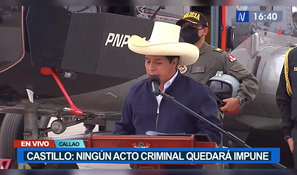 Presidente Pedro Castillo presidió ceremonia de entrega de dos helicópteros para la PNP en el Callao. Foto: captura Canal N Presidente Pedro Castillo presidió ceremonia de entrega de dos helicópteros para la PNP en el Callao. Foto: captura Canal N