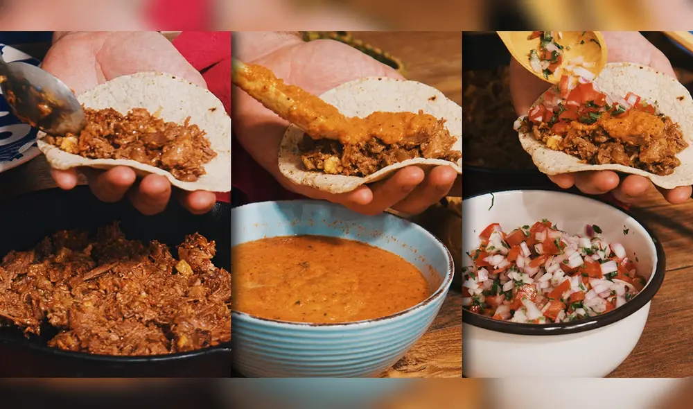 Tacos de carne con salsa roja picante y pico de gallo