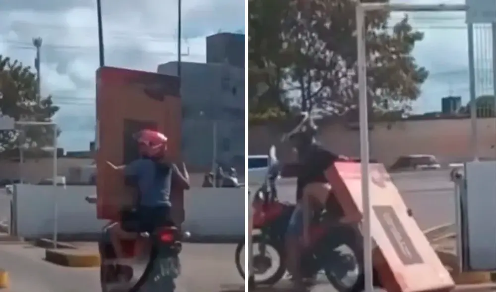 La pareja chocó contra el barandal de altura máxima del estacionamiento y la mujer cayó de espaldas junto con el televisor. Foto: captura de Facebook