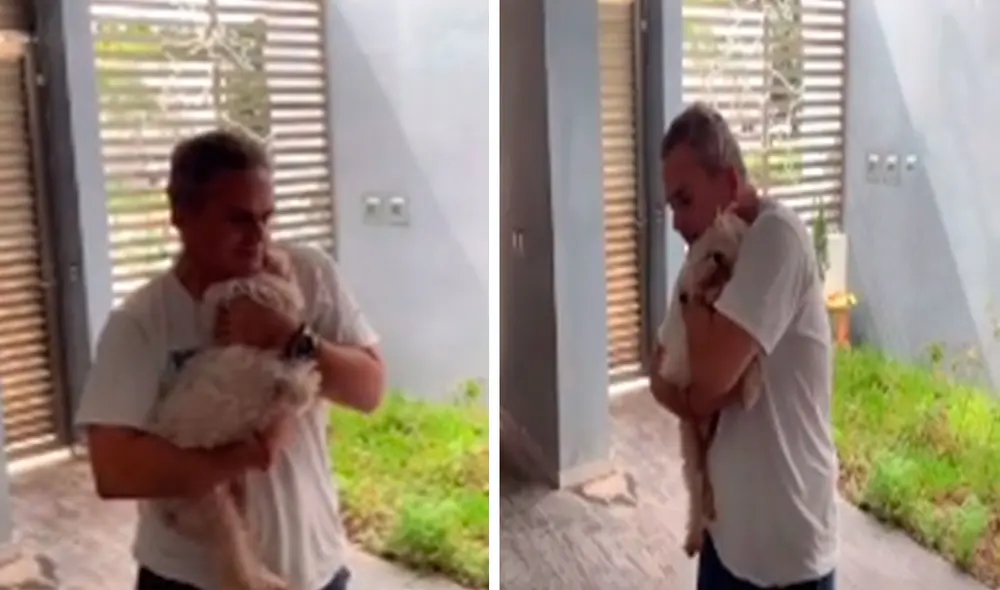Un hombre abrazó a su adorable mascota para calmarla, debido a que sus familiares cometieron un error y no le abrieron la puerta de su casa. Foto: captura de Facebook