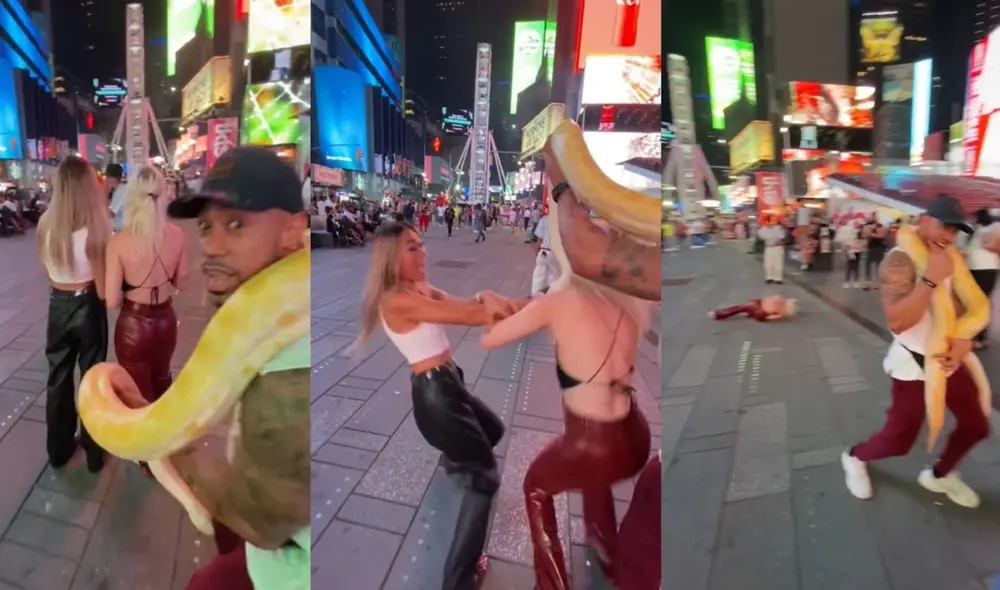 Hombre realiza pesadas bromas con serpiente real a transeúntes en Nueva York